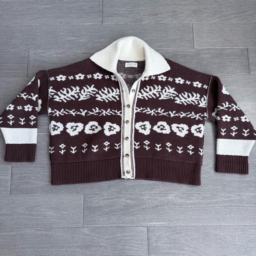 Free People Shelby Cardigan in Chocolate S Cozy Jacquard Knit Boxy Sweater - Picture 14 of 16